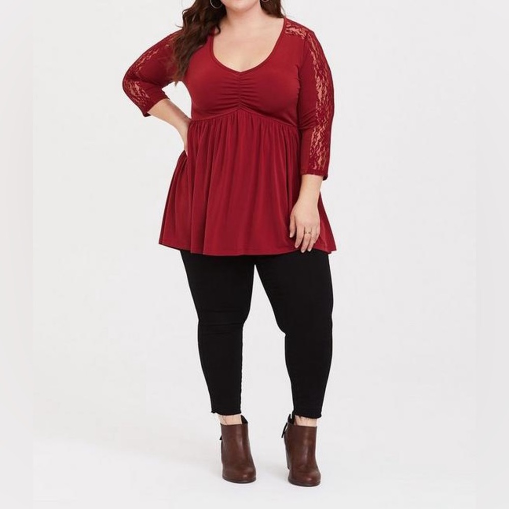 NWOT Torrid Dark Red Knit & Lace Babydoll Top - Size M/L